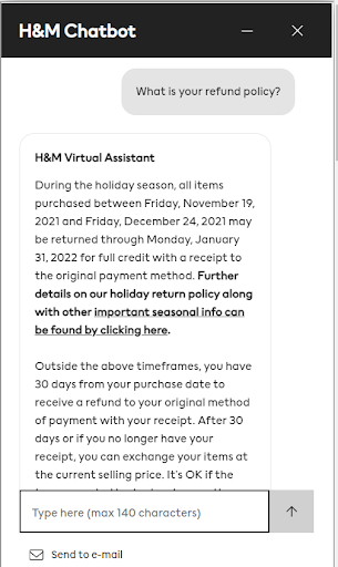 H&M’s virtual assistant chatbot responding to a question about their return policy