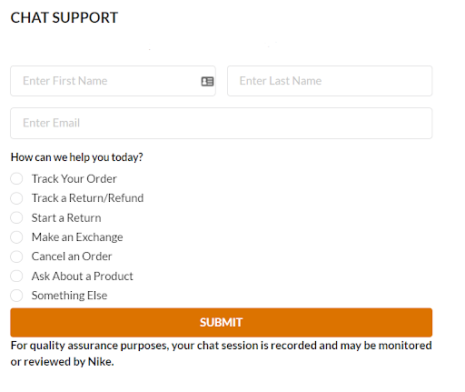 Nike’s live support chat that asks users to select an issue