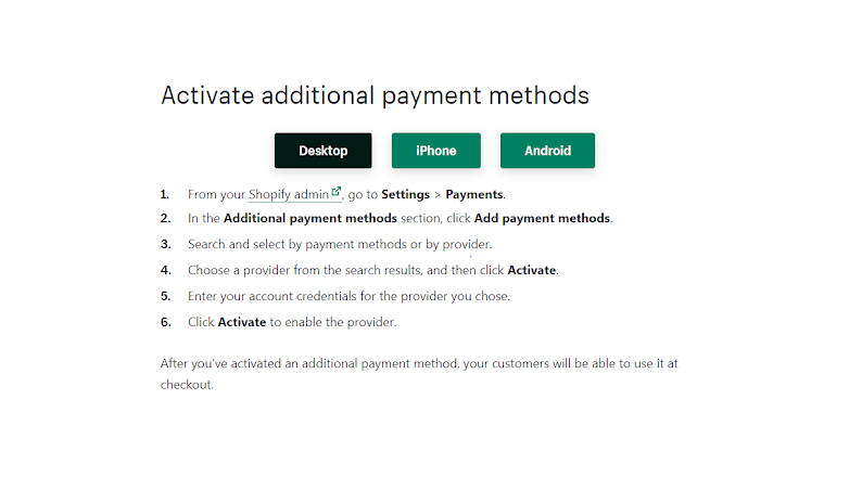 Shopify’s Additional Payment Methods
