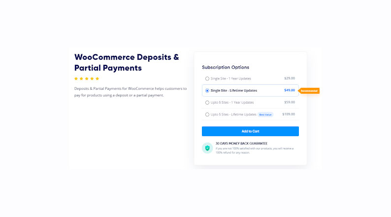 WooCommerce Deposits & Partial Payments Pricing Plan