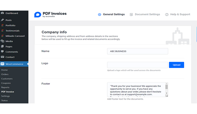 general settings of WooCommerce PDF Invoices and Packing Slips by acowebs