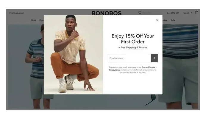 Bonobos Discount Offer Pop-Up Example