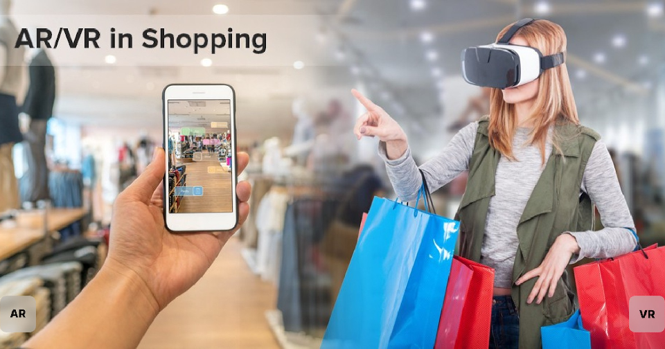Shopper using AR and VR technology to explore products in an immersive eCommerce experience.