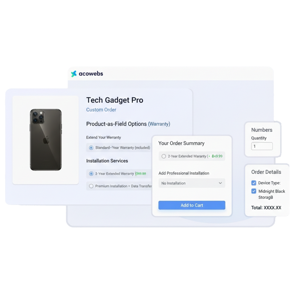 WooCommerce tech store setup using Acowebs Custom Product Addons to offer warranty extensions, installation services as fields, and a detailed checkout summary.