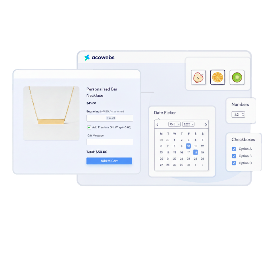 Personalized jewelry e-commerce page featuring custom engraving fields, gift wrap add-ons, and various Acowebs input types including a date picker and image selectors.