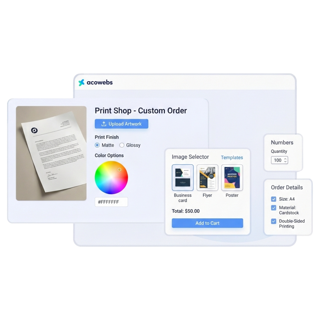 WooCommerce print shop plugin features highlighting artwork file uploads, hex color pickers, and template selection widgets for custom printing services.