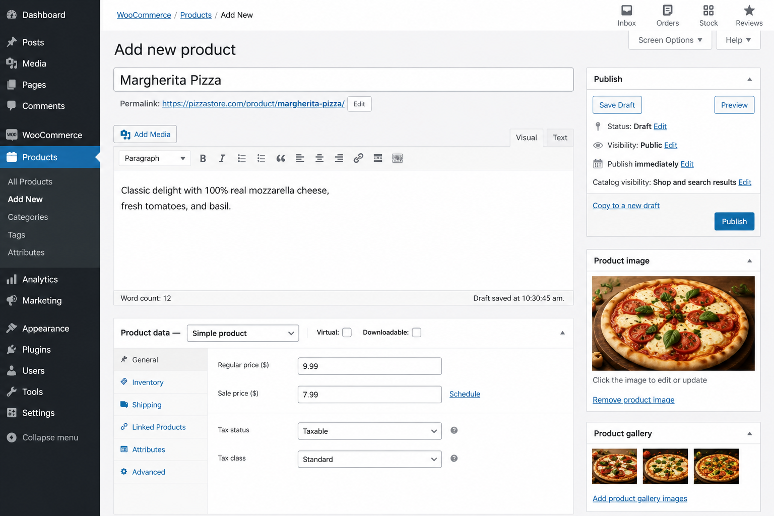 Adding a pizza product in WooCommerce.