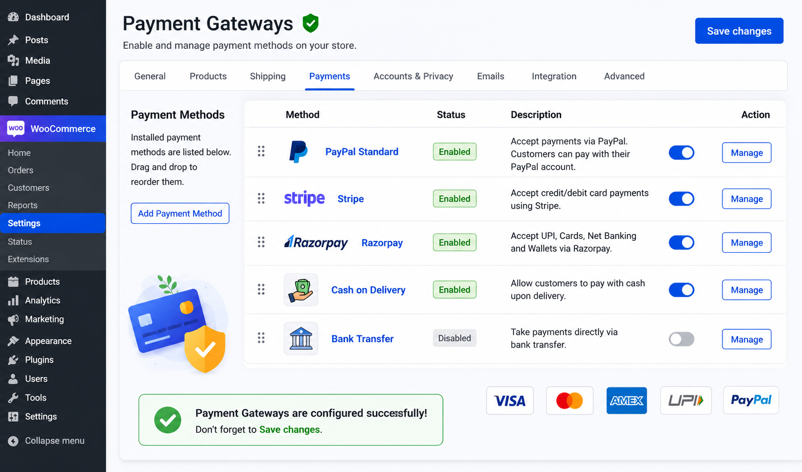 WooCommerce payment gateway settings.