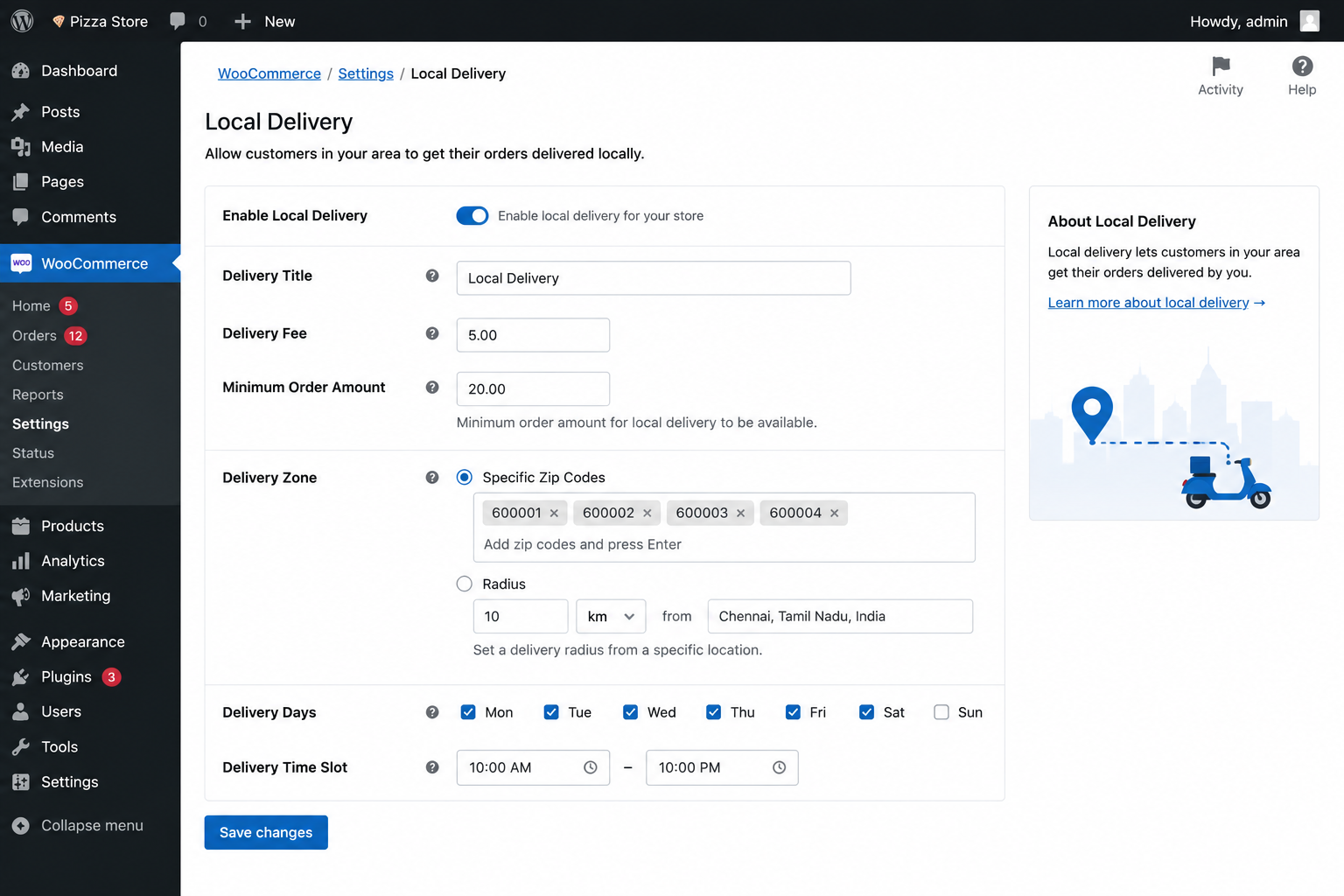 WooCommerce local delivery settings.