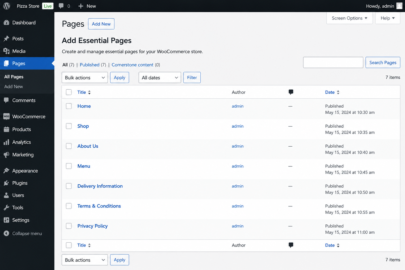 Essential pages in WordPress.