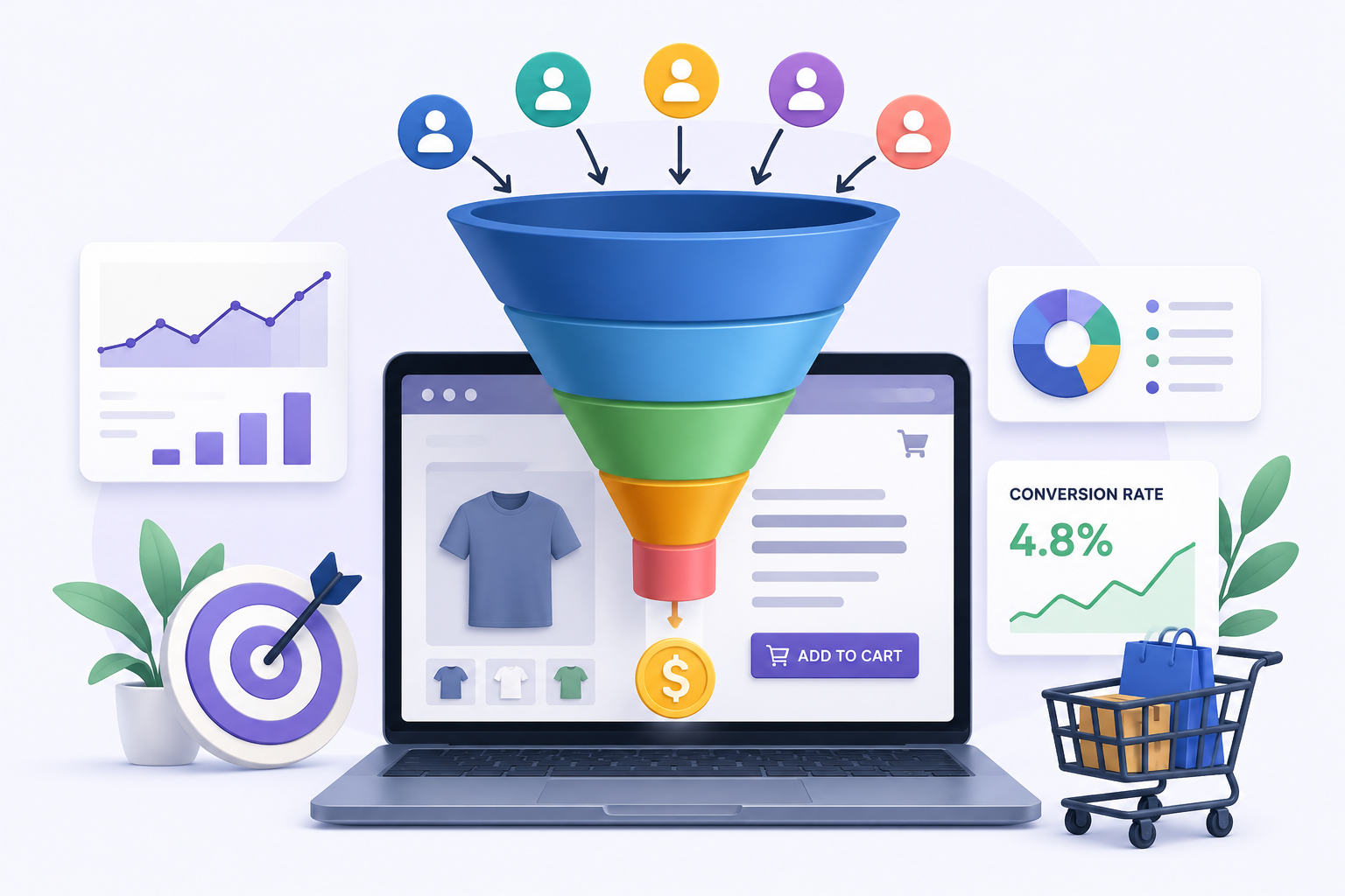 Ecommerce conversion optimization funnel illustration