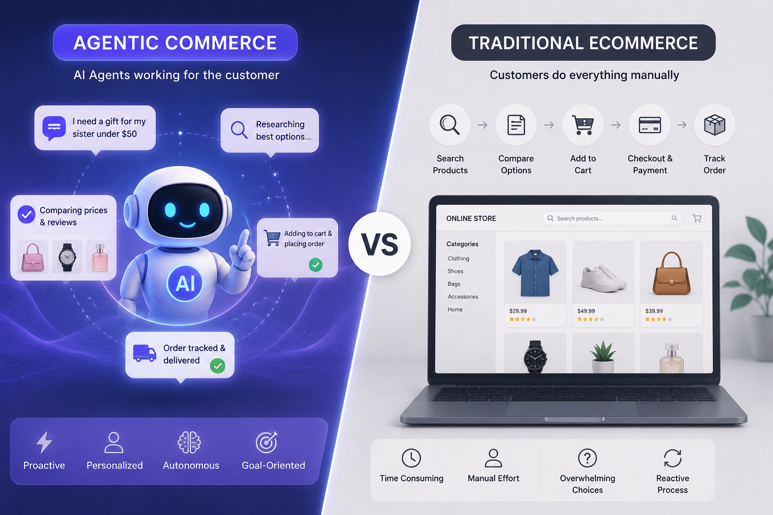 Comparison of agentic commerce and traditional ecommerce.