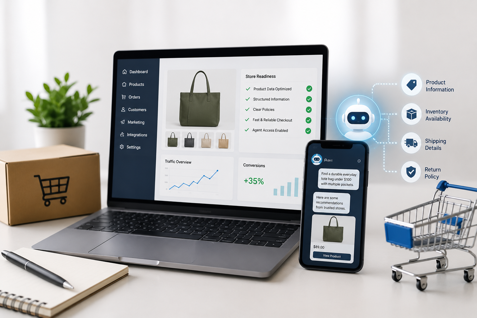 Modern eCommerce store dashboard optimized for AI shopping agents.
