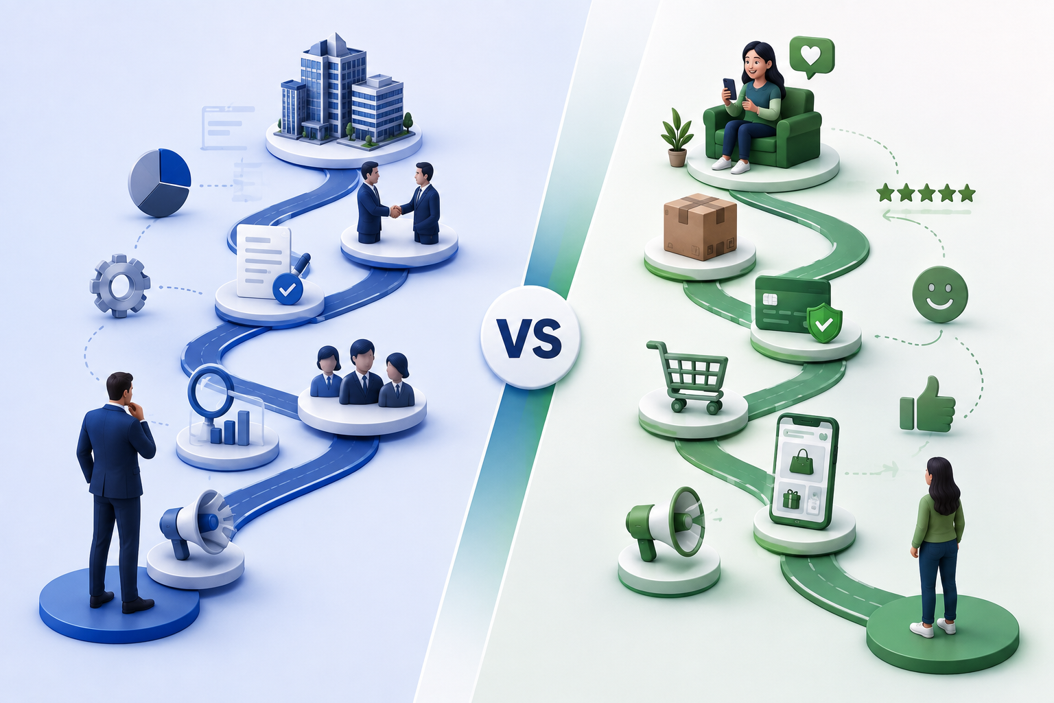 B2B Ecommerce Customer Journey vs B2C illustration