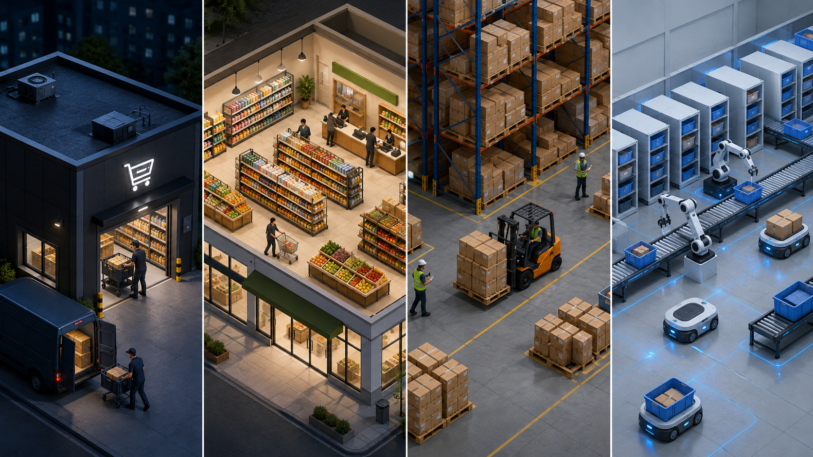 Dark store, retail store, warehouse, and fulfilment centre comparison.
