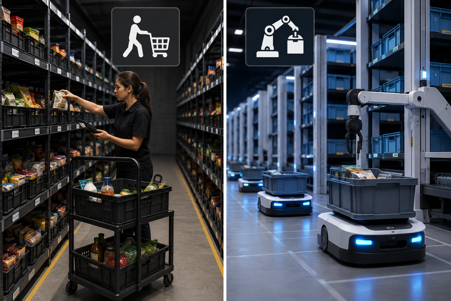 Manual and automated picking in a dark store.