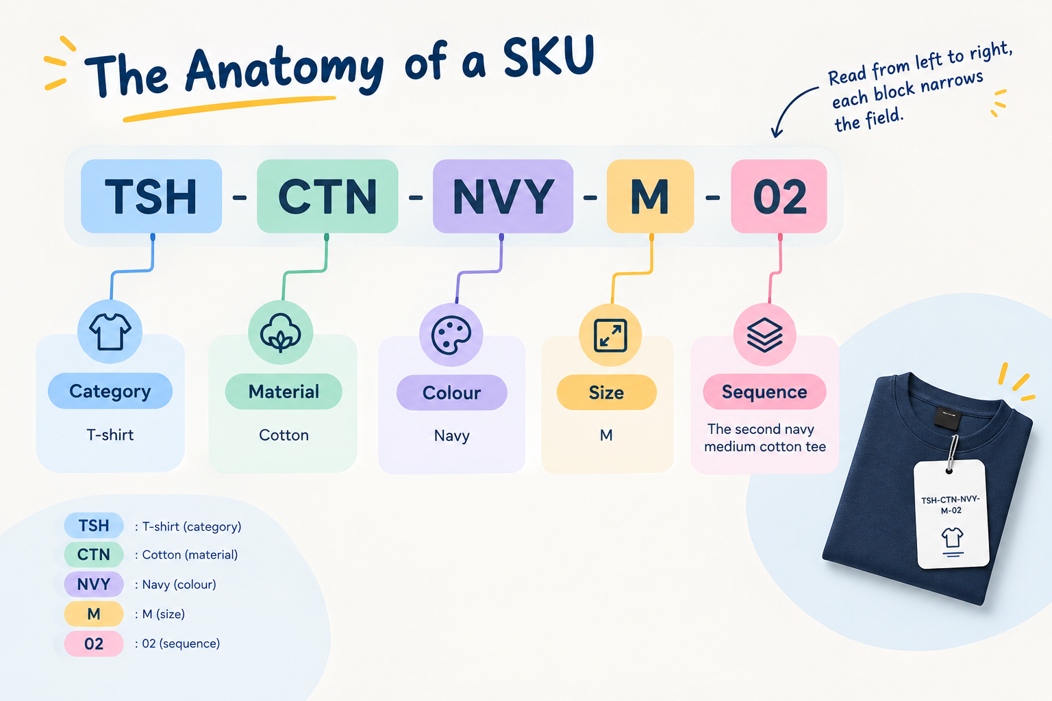 SKU code breakdown by product attributes.