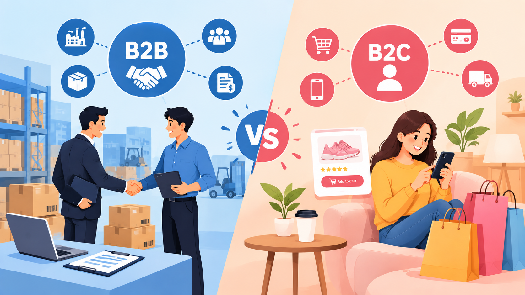 B2B and B2C ecommerce comparison illustration.