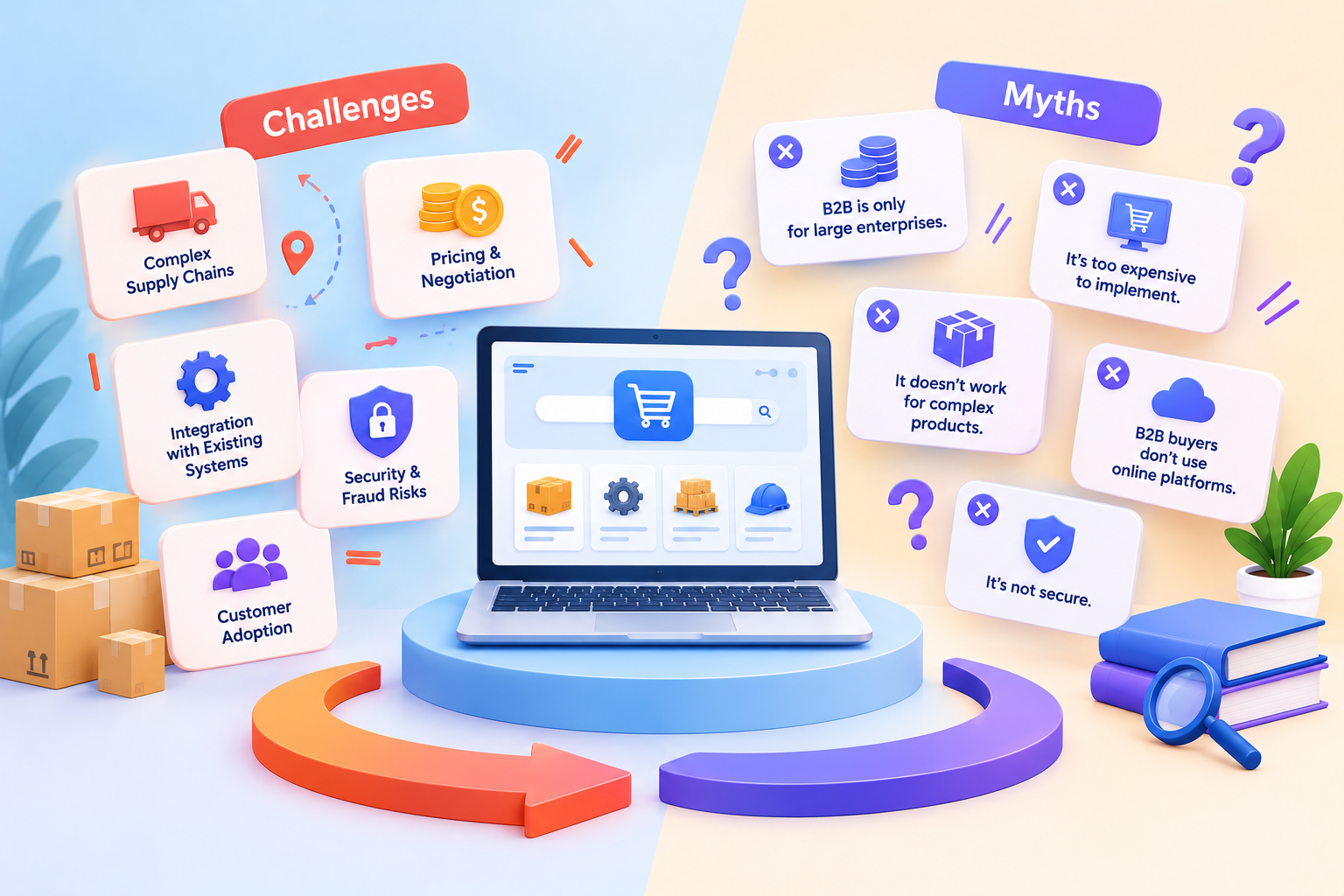 B2B ecommerce challenges and myths illustration.