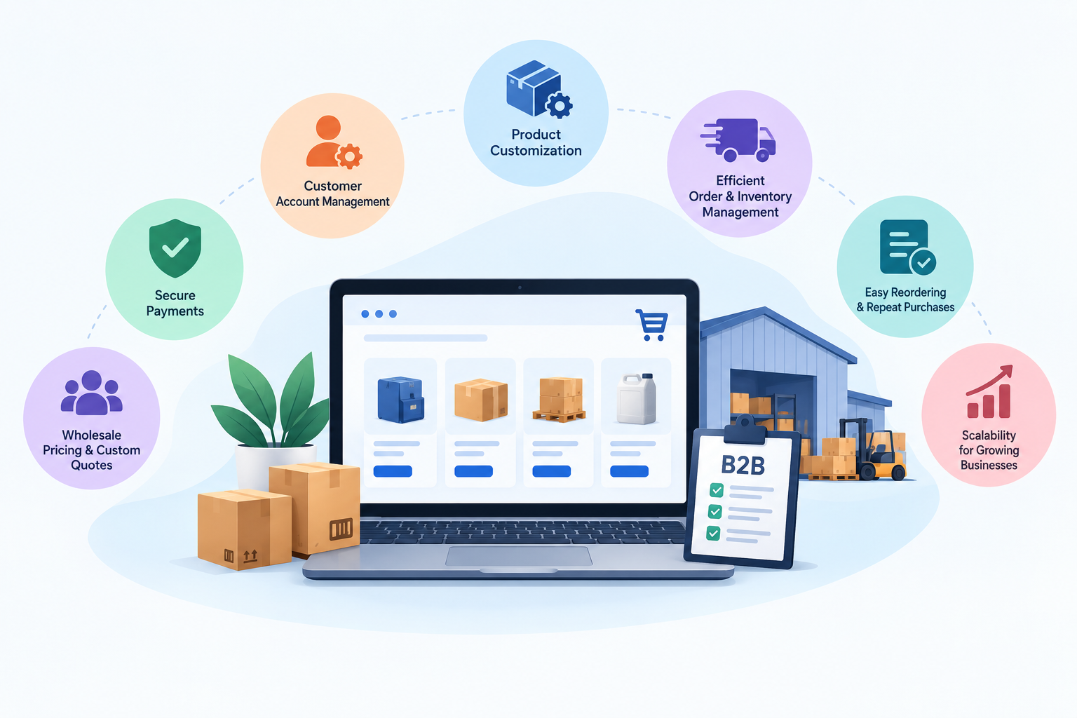 B2B ecommerce solution with key features and business tools.