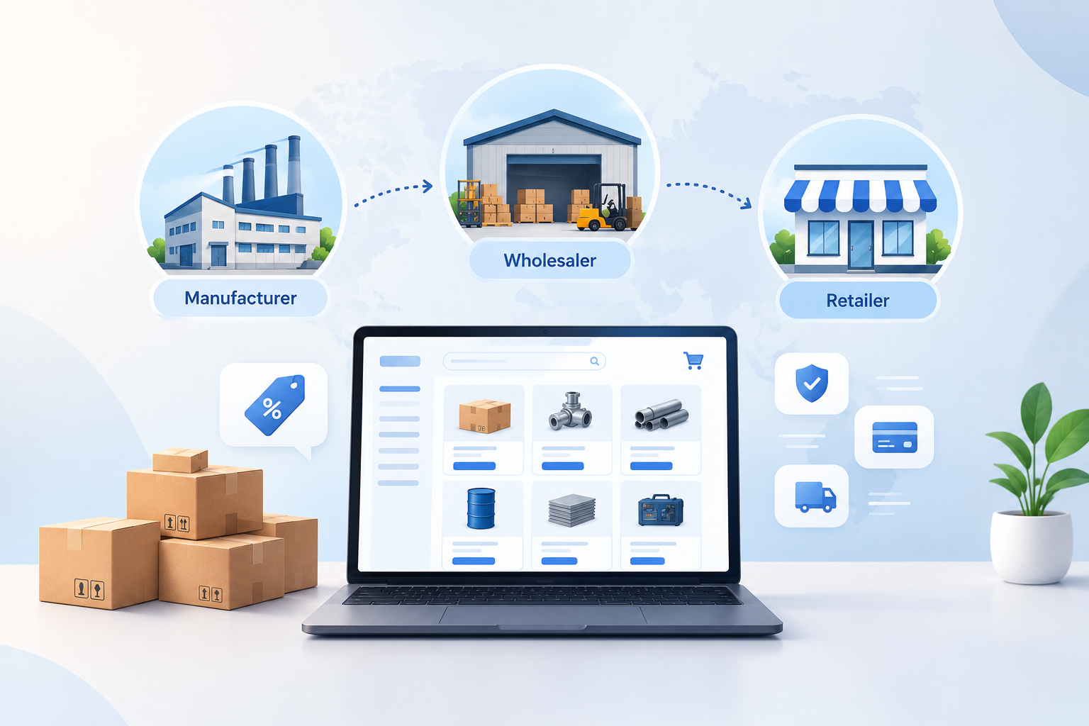 B2B ecommerce manufacturer, wholesaler, and retailer illustration.