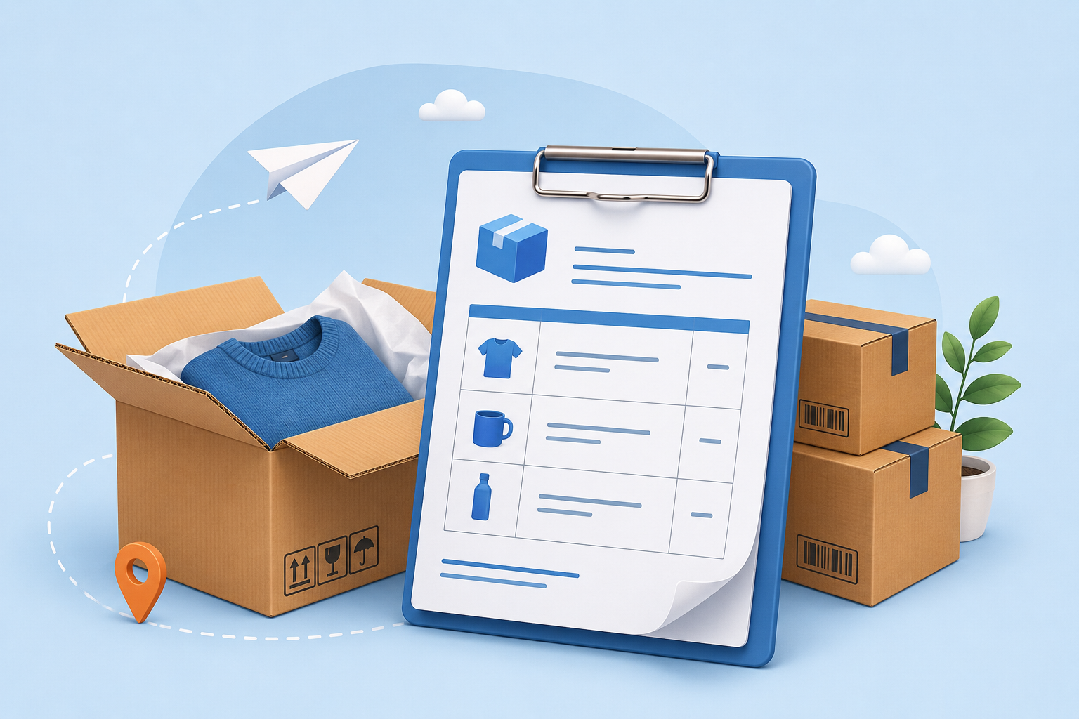Packing slip and shipping boxes.