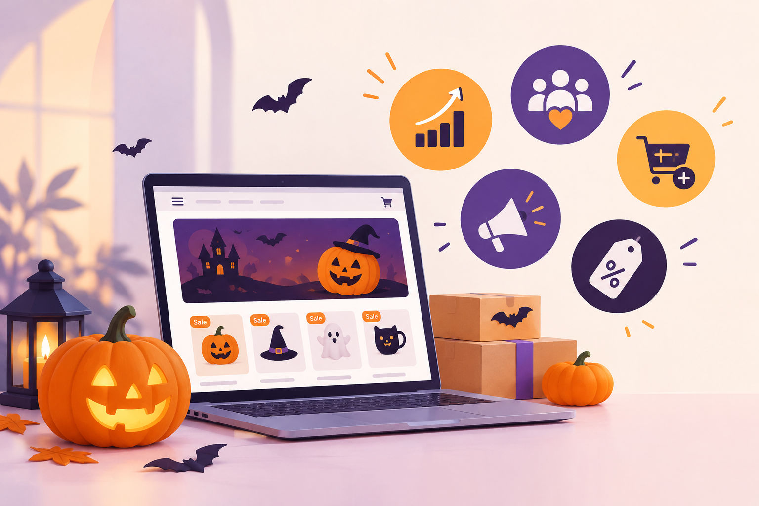 Halloween-themed ecommerce store with pumpkins and sale icons.