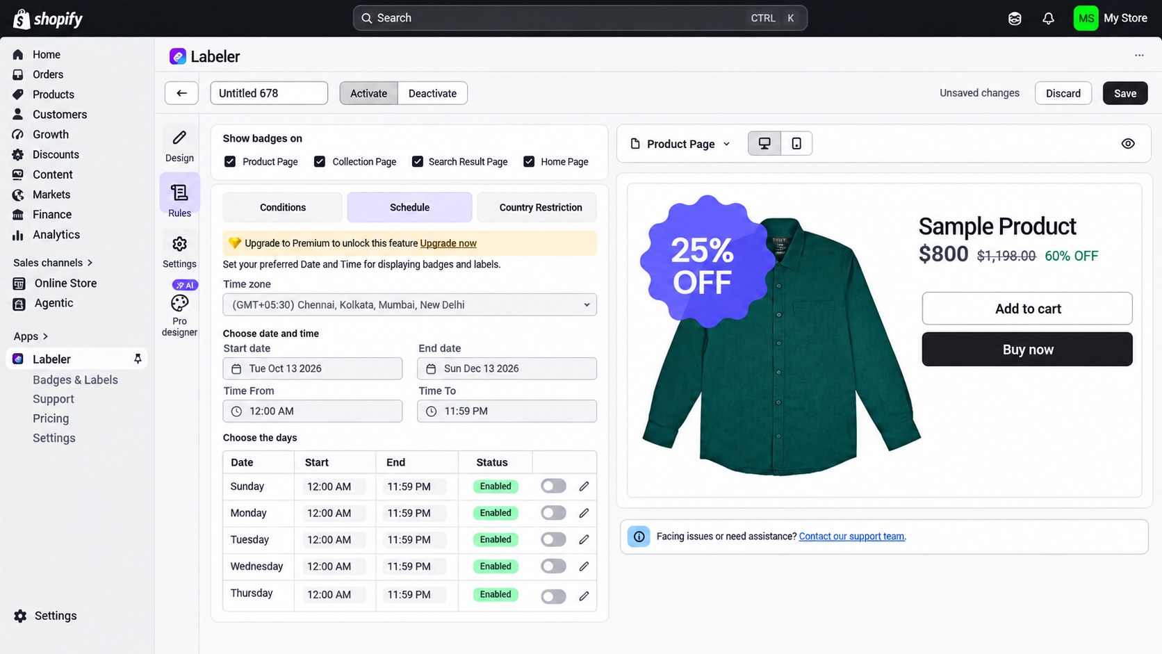 Shopify Labeler app showing product badge scheduling settings.