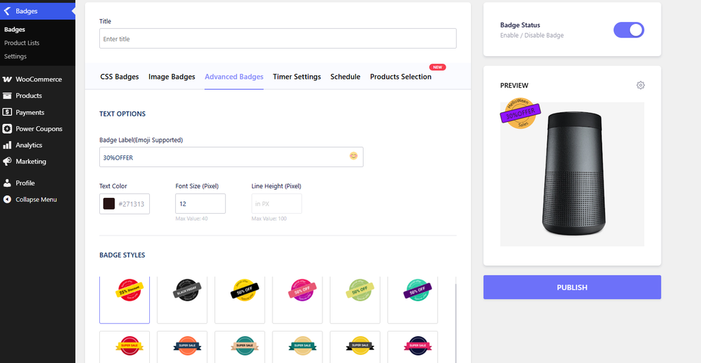 Edit the badge text, colors, and font