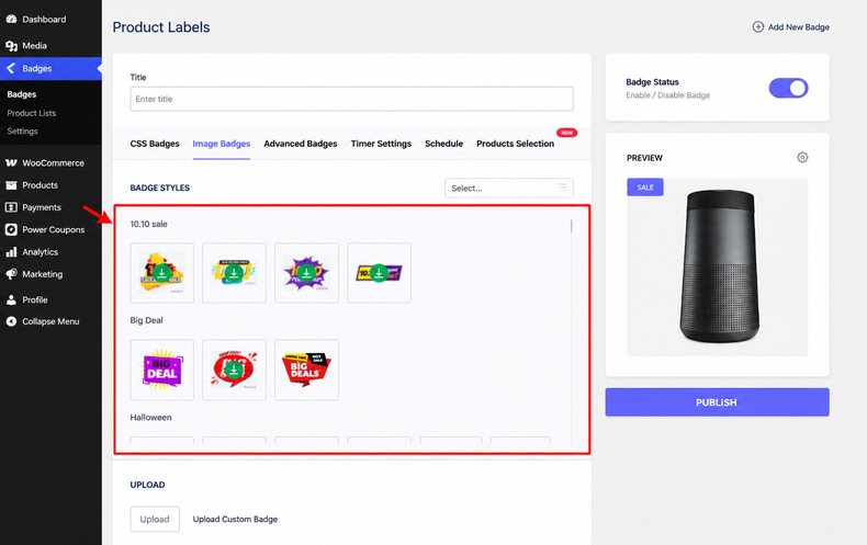 Pick a seasonal badge or upload a custom image