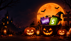 Halloween WooCommerce and Shopify sale scene.